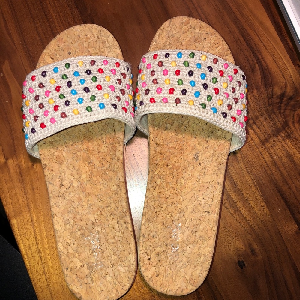 The Sak Mendocino Cream Multicolor Beaded Slide Sandals Crochet Boho Resort Chic